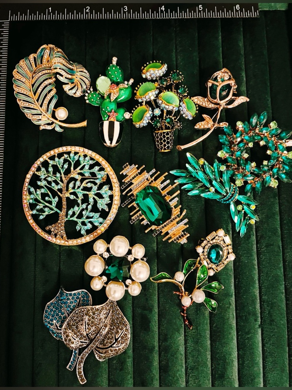 Lot 10 Emerald Green Crystal Brooches Tree of Life Cactus Floral Rhinestone